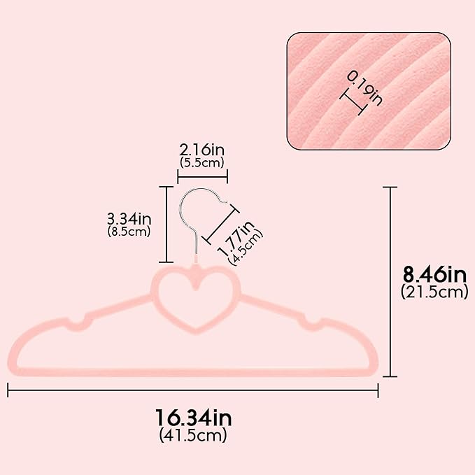 Velvet Clothes Hangers 20 Pack – 16" Non-Slip Slim ABS Hangers with 360° Swivel Hook and Heart Accent, Dry Use for Shirts, Dresses, Pants, Ties – Pink