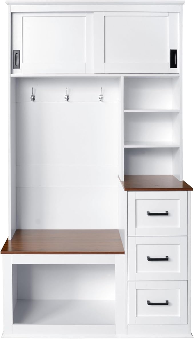 Modern Hall Tree with Top Storage, Coat Rack, 3 Shelves and Drawers, 3 Sturdy Hooks, 40.2'' Wide Hall Tree with Storage Bench for Hallway, Entryway, Living Room (White/331)