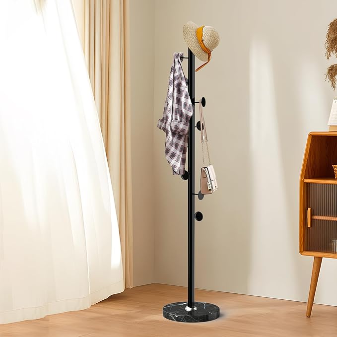 Modern Metal Coat Rack Stand with Natural Marble Base, Heavy Duty Coat Rack Freestanding with 8 Hooks, Black Standing Coat Racks Hall Tree Stand for Bag, Jacket, Entryway Office