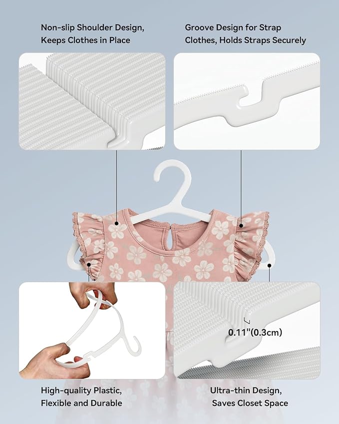 Plastic Kids Hangers, Pack of 100, Ultra Slim Closet Hangers, Non-Slip, Space-Saving, Sturdy, 14" W x 7" H (for Children Aged 7-12 Years), White, UAPY07100W