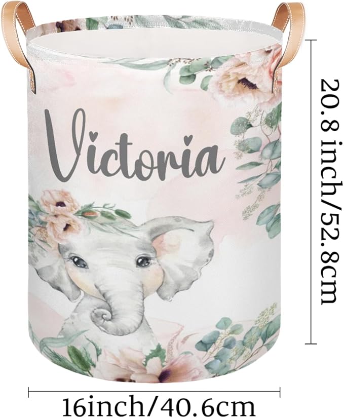 Personalized Laundry Basket, Custom Gift Laundry Hamper, Collapsible Nursery Waterproof Laundry Baskets, Dirty Clothes Toy Hamper with Handles Blush Floral Elephant