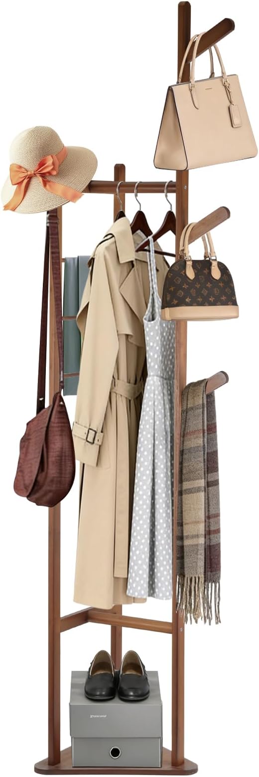 Multifunctional Coat Rack with Three Main Rods, Solid Bamboo Coat Tree with Top Hanging Bar & Shoe Base, Heavy Duty Clothes Rack for Coats Jackets Suits, Easy Assembly, Natural Wood