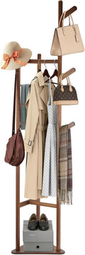 Multifunctional Coat Rack with Three Main Rods, Solid Bamboo Coat Tree with Top Hanging Bar & Shoe Base, Heavy Duty Clothes Rack for Coats Jackets Suits, Easy Assembly, Natural Wood