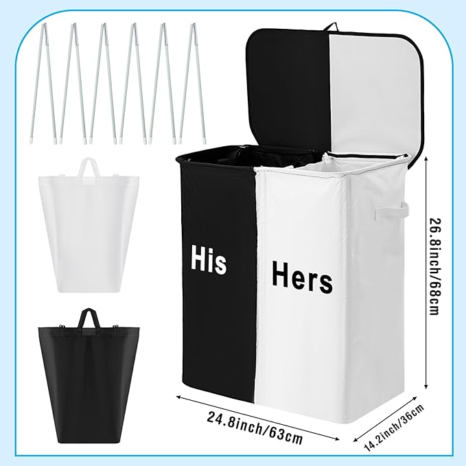 154L Large Double Laundry Hamper with Lid and Removable Bags Laundry Basket 2 Section Collapsible Dirty Clothes Hamper for Bathroom Bedroom for Husband&Wife Parents or Couple(His Hers)