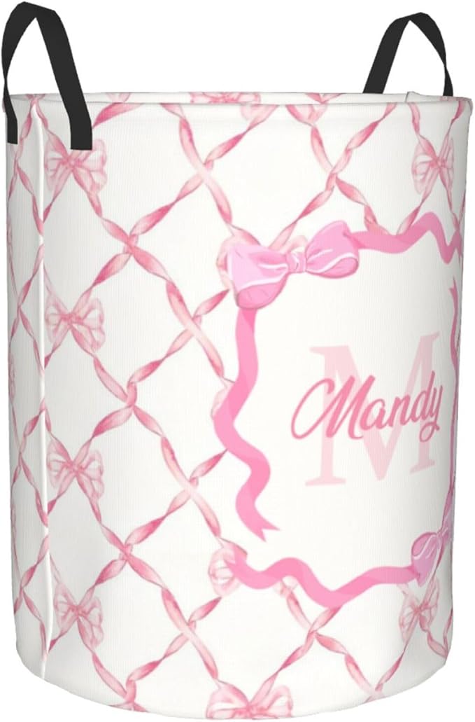 Personalized Laundry Basket for Nursery, Custom Nursery Laundry Hamper with Name, Customize Baby Clothes Circular Hamper for Boys Girls Room Decor, Pink Bow