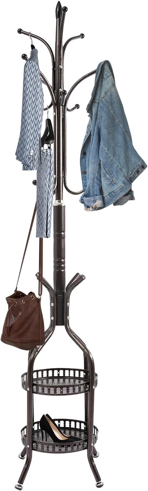 Multifunctional Metal Coat Rack Stand, Freestanding Coat Rack Hat Hall Tree with 2 Layer Basket and Practical Feet, Clothing Rack for Hallways, Living Rooms, Bronze