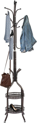 Metal Coat Rack Stand Freestanding Hat Hall Tree Clothes Rack Holder Modern Clothing Garment Hanger Stand with Double Layer Storage Basket and Hooks for Hanging Scarf Bag for Entryway Bedroom (Bronze)