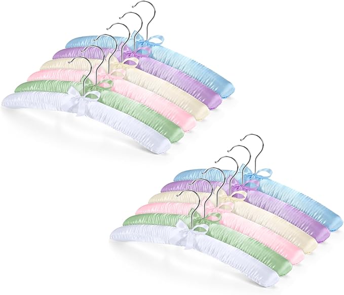 Jetec 12 Pieces Satin Padded Hangers for Women Clothing 15 Inch Satin Hangers 360° Swiveling Hook Sponge Shoulder Padded Hanger for Sweaters, Coat, Blouse, Wedding Dress, Women Cloths (Mixed Colors)