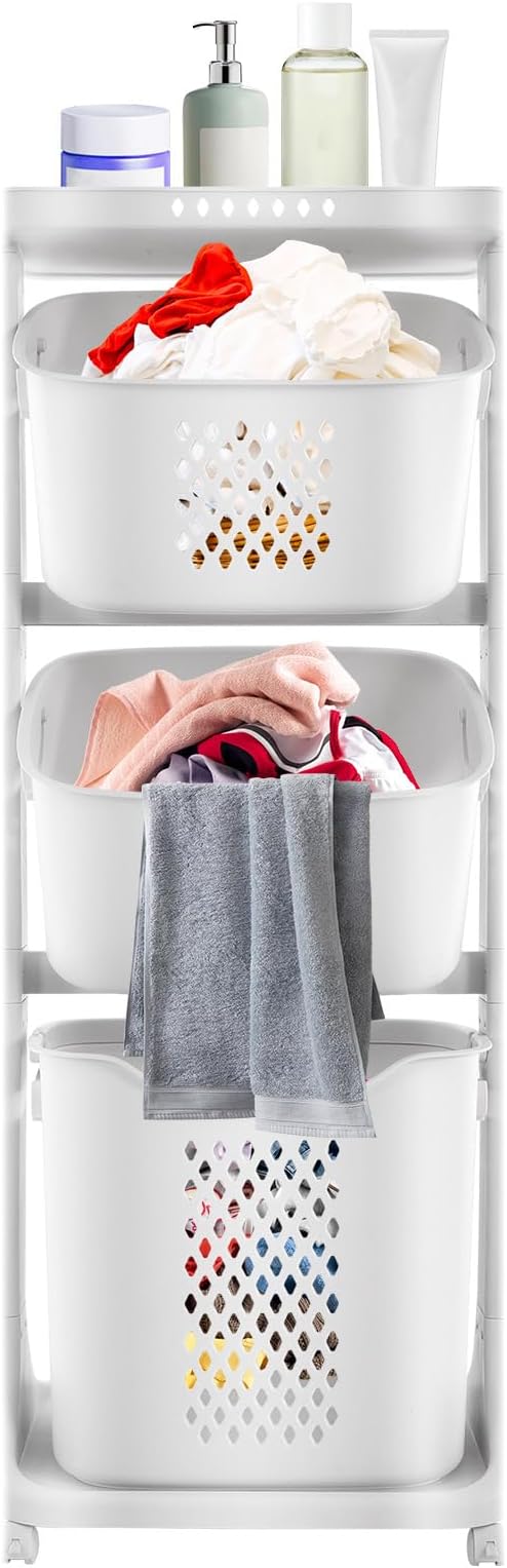 Rolling Laundry Hamper Storage Sorter, 3 Tier Rolling Laundry Hamper Cart White Laundry Baskets with Wheels, For Clothes, Toiletries, Bathrooms, Laundry Rooms, Bedrooms, White