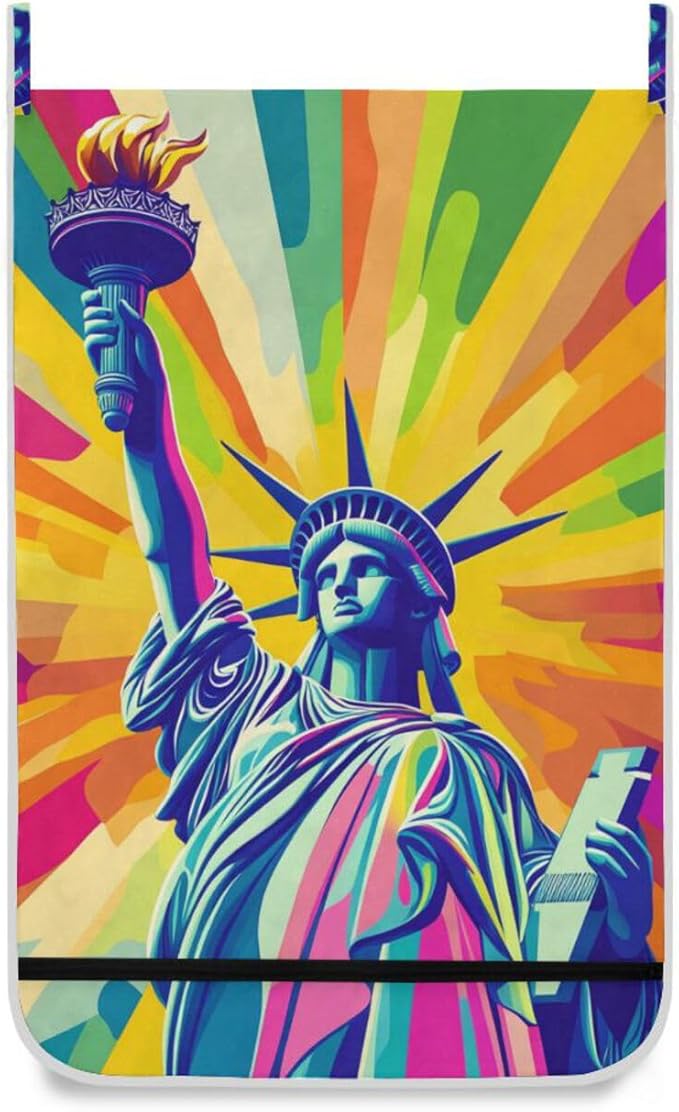 Hanging Laundry Hamper with Stainless Steel Hooks,Oxford Fabric Printing Door Laundry Clothes Bag, 29.5X20inch 2PCS Bright Statue Of Liberty and Torch