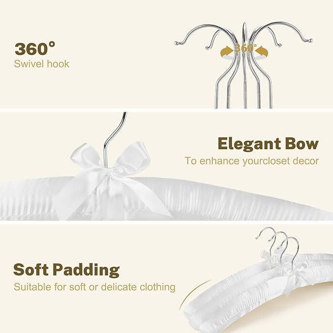 HOUSE DAY Satin Padded Hangers 10 Pack 17 Inch No Shoulder Bump for Women Clothes Bridal Hangers for Wedding Dress（White ）