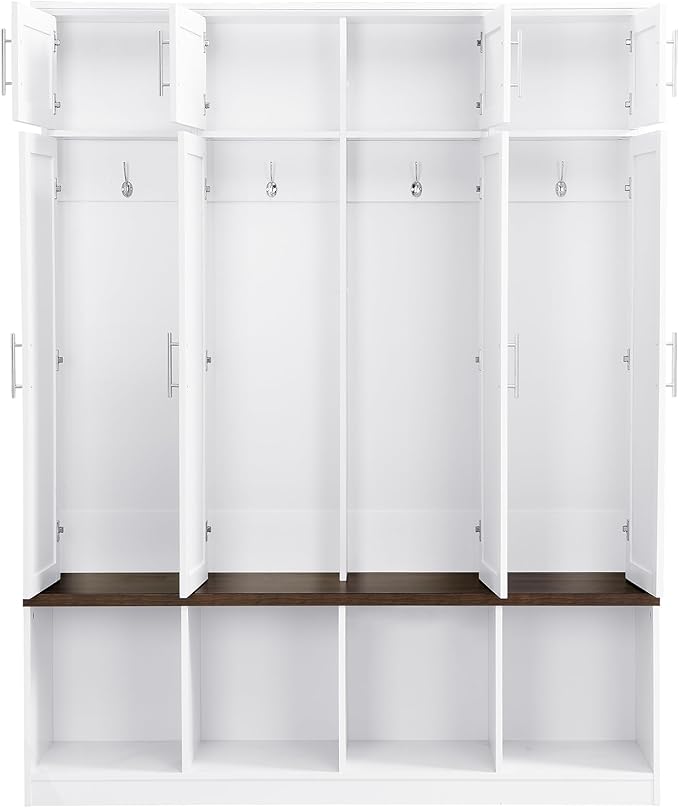 Multi-Functional Hall Tree with 4 Hidden Hanging Hooks, Brown Wood Grain Bench with Multiple Storage Space, Entryway Cabinet with Open Compartments for Living Room, Hallway (White-15.6)