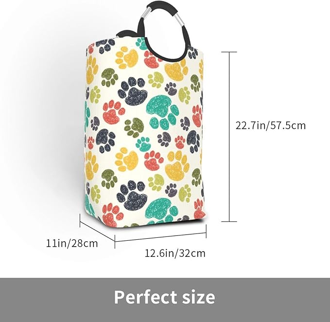 Colorful Dog Paw Laundry Basket Animal Laundry Hamper Collapsible Baskets with Handle Dirty Clothes Hamper Bag for Dorm Family Bathroom Decor Storage 50L