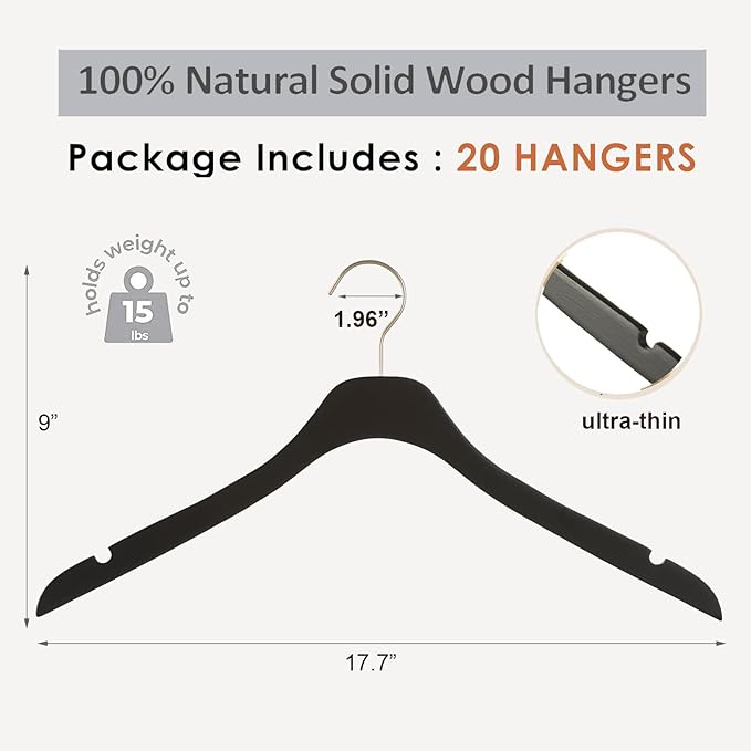 Black Ultra Thin Wooden Natural Slim Solid Wood Coat Jacket Shirt Suit Hangers,17.7" Space Saving Wooden Adult Clothes Non Slip Heavy Duty Suit Hangers 20PCS