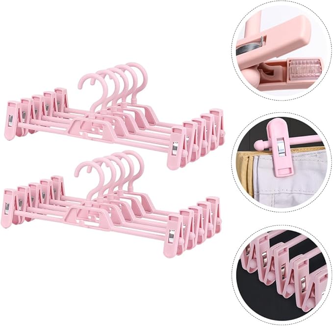DOITOOL 10 Pcs Pants Hangers with Clips, Space Saving Plastic Hangers, Skirt Hangers for Kids, Women and Girls, Non-Slip Clothes Hangers with Clips for Closet or Laundry Use