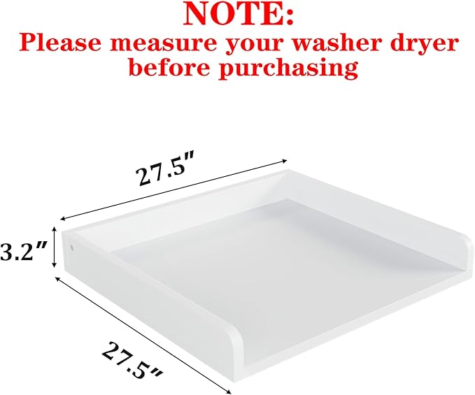 Washer Dryer Countertop, 27.5" D x 27.5" W x 3.2" H, Countertop for Washer and Dryer with Non-Slip Pads and Round Corner Edge Rails, Laundry Room Organization(White)
