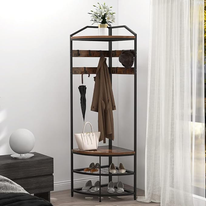 GiftGo Corner Hall Tree with Shoe Bench Entryway Coat Rack with 10 Metal Movable Hooks Floor Standing Clothes Rack Shoes Shelf Organizer for Home Office Bedroom (Rustic Brown)
