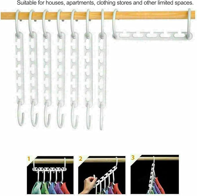 8Pcs White, Space Saving Clothes Hanger Organizer with 5 Hole, Sturdy Plastic Foldable Cloth Hanger Rack Closet Organizer Wardrobe Drying Rack