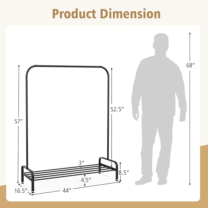 Tangkula Metal Garment Rack, 44” Clothing Rack with Top Rod and Lower Storage Shelf, Adjustable Feet, Anti-slip Clips, Heavy Duty Clothes Hanging Garment Racks for Bedroom, Living Room, Black