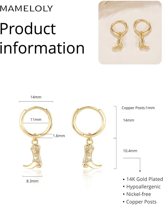 Mameloly Cowgirl Earrings for Women CZ 14K Gold Plated Western Cowboy Hat Dangle Hoop Earrings Cute Jewelry Hypoallergenic