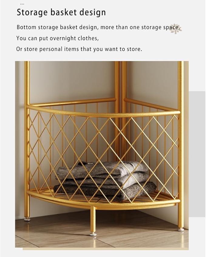 corner coat rack,corner hall tree,metal clothes rack,gold clothing rack with storage basket and hooks for bedroom,living room,entryway.corner storage rack for clothes.