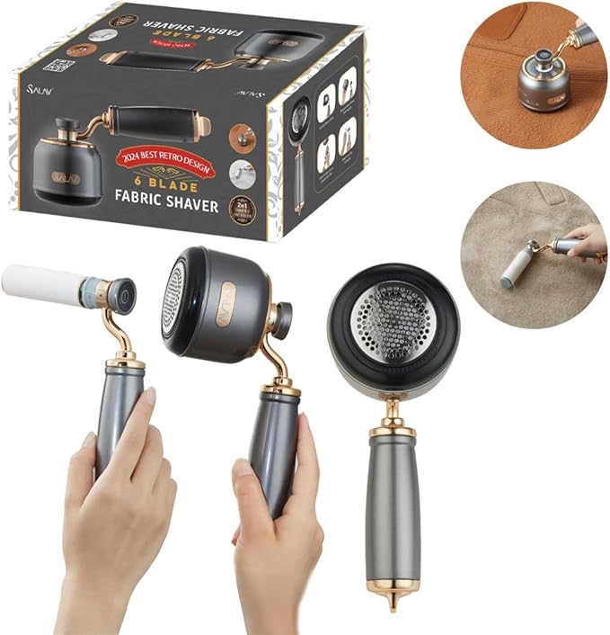 SALAV® Retro Edition Rechargeable Fabric Shaver and Lint Roller with 6-Blade System Removes Fuzz and Piling on Fabrics, with Charging Cable and Mini Brush (Titanium)