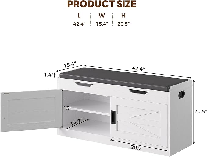 IRONCK Shoe Bench with Lift Top Storage, 42.4" Entryway Bench with Wider Cushioned Seat, End of Bed Bench with Adjustable Shelf & 2 Doors for Hallway, Bedroom, White