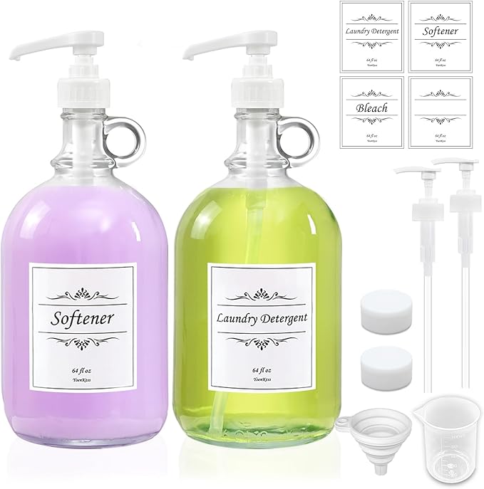 2 Pack Laundry Detergent Dispenser with Pump and Lid, 64 Oz Glass Bottles for Laundry Room Organization and Storage, Fabric Softener Dispenser for Washer