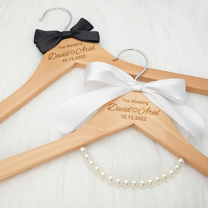 Ter Wedding Dress Hanger - Sparkly Wedding Dress Hanger for Bride Personalized - Personalized Bride Name Silver Wire - with or Without Wedding Date, Bride Bridesmaid Gift (White Ribbon Pearl)