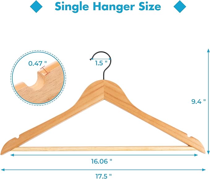 JS HANGER Wooden Hangers 20 Pack, Natural Wood Suit Hangers with Non Slip Shoulder Grooves, Clothes Hangers for Coats, Shirts, Jackets, Pants, Suits