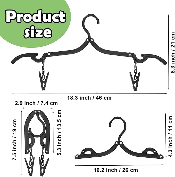 12 PCS Travel Hangers,Portable Folding Clothes Hanger,Travel Accessories Foldable Travel Hangers with Clips,Foldable Clothes Drying Rack for Travel,Black Plastic Non Slip Clothing Hangers