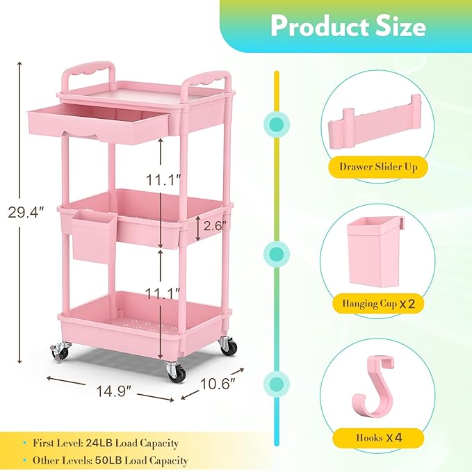 Makeup Cart Organizer with Drawers, Floor Skincare Organizers Vanity Storage Organizer, Rolling Makeup Bathroom Storage Cart Cosmetics Display Cases for Skin Care Perfume Nail Polish, Pink