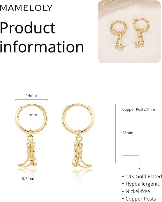 Mameloly Cowgirl Earrings for Women CZ 14K Gold Plated Western Cowboy Hat Dangle Hoop Earrings Cute Jewelry Hypoallergenic