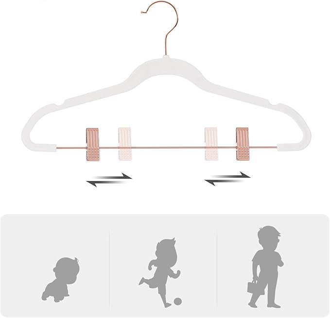 SONGMICS 24-Pack Velvet Pants Hangers, 16.7-Inch Long Coat Hangers with Rose Gold Colored Movable Clips, Heavy-Duty, Non-Slip, Space-Saving, for Pants, Skirts, Dresses, White UCRF014W01