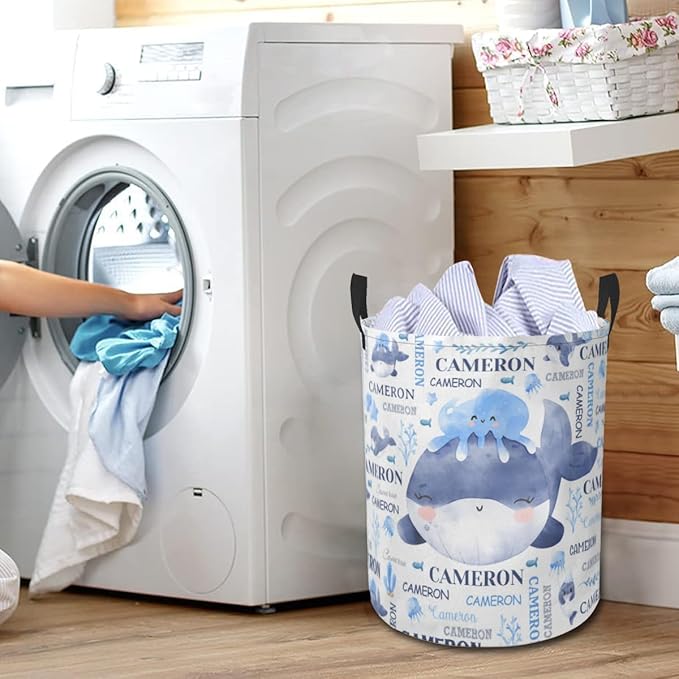 Whales Laundry Basket,Personalized Laundry Hamper for Boys Girls,Custom Laundry Basket With Name, Customized Dirty Clothes Hamper for Bathroom Bedrooms,S-16.5"X 13.8"