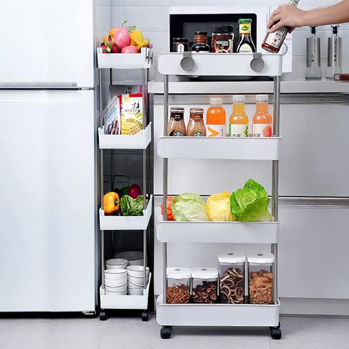 Melody House 4-Tier Slim Mobile Shelving Unit on Wheels, Slide Out Rolling Bathroom Storage Organizer, Utility Carts Shelf Rack for Kitchen Bathroom Laundry Room Narrow Places, White