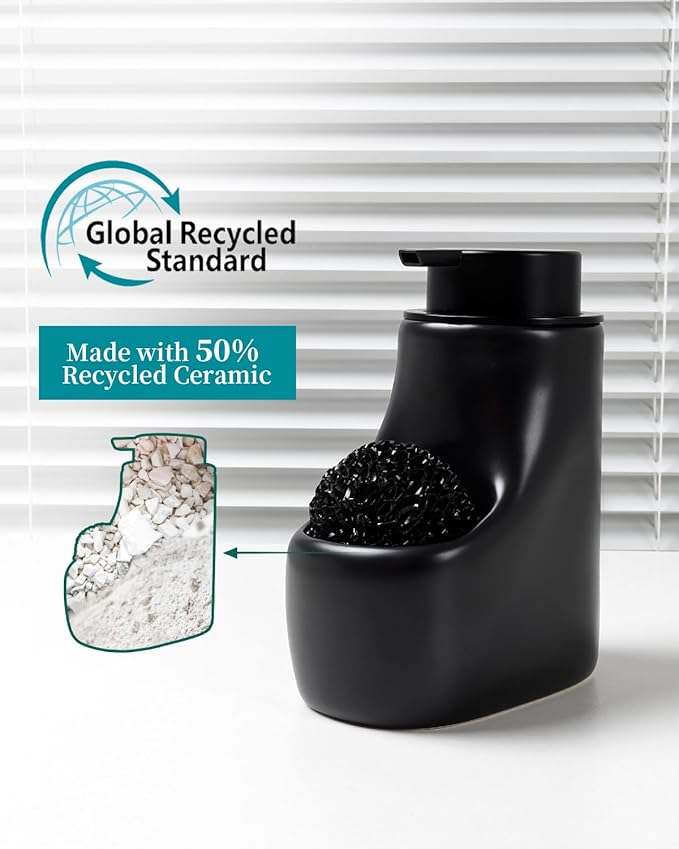 Ceramic Lotion Dispenser - 12 oz Bathroom Hand Pump Dispenser Hand Dish Soap Dispenser Bottles Black Pump Dish Liquid Dispenser for Kitchen… (Ceramic, Black Lotion with Sponge)