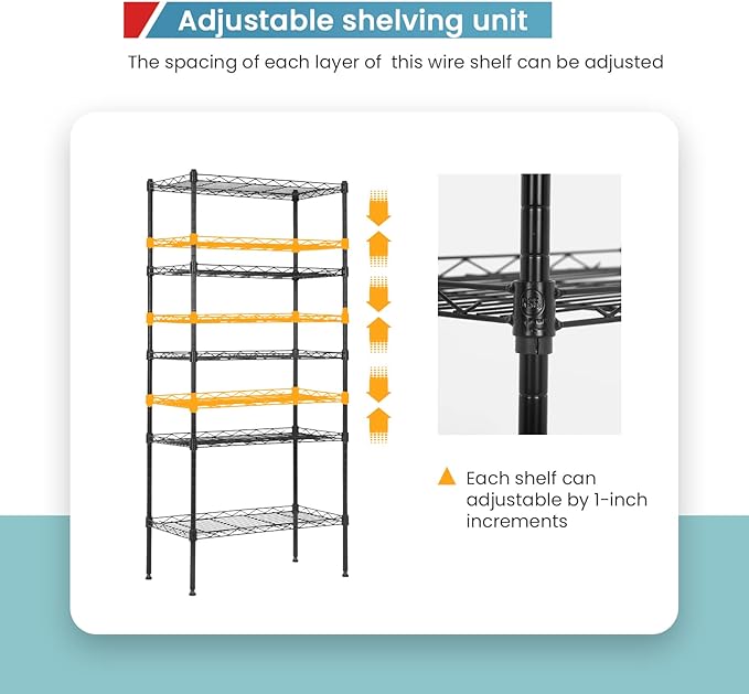 5-Tier Heavy Duty Metal Storage Shelves, NSF Certified Adjustable Wire Shelving Unit with Leveling Feet, 750 LBS Capacity Metal Rack for Garage, Kitchen, Pantry,Office,Black, 21.5"L x 11.6"W x 47.6"H
