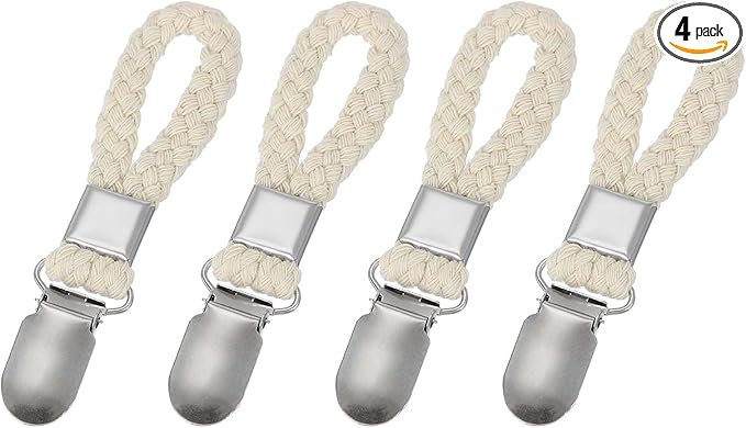 uxcell 4 Pcs Tea Towel Clips with Cotton Loop for Hanging, 4.3 Inch Metal Towel Hooks Multipurpose Cloth Hangers for Home Kitchen Bathroom, Beige