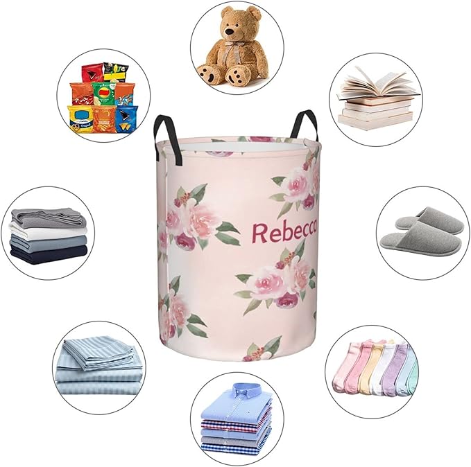 Pink Floral Pattern Customized Laundry Basket with Name Collapsible Waterproof Organizer Bin Laundry Hamper with Handle for Clothes Toys Bedroom.