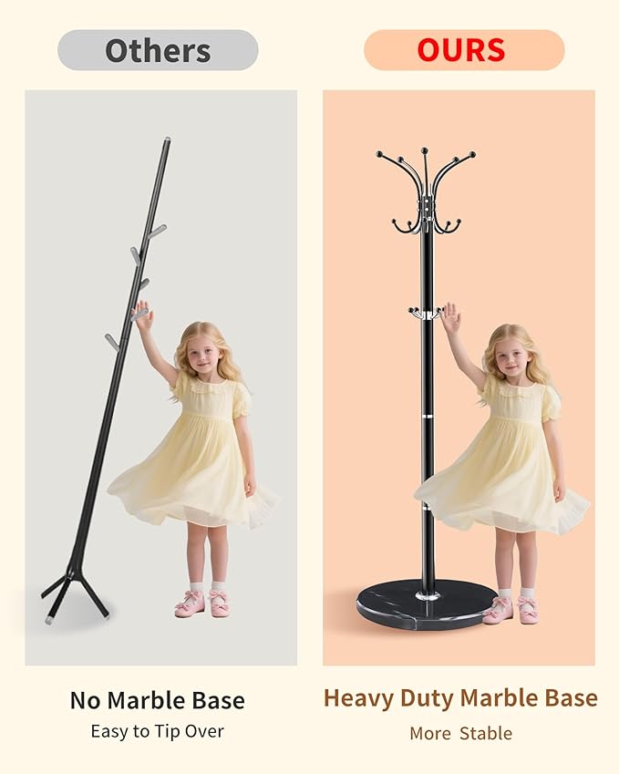 Metal Coat Rack with Natural Marble Base,360°Rotary Coat Rack Stand with 14 Hooks,Modern Freestanging Coat Racks, Black Coat Jacket Hanger Clothes Tree Stand for Entryway,Corner