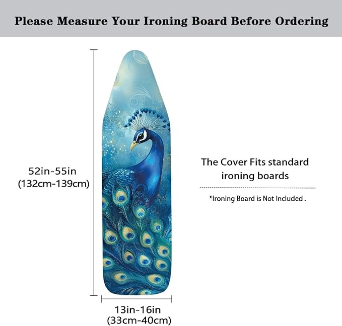 Peacock Ironing Board Cover and Pad 15x54 Inch Standard Iron Board Cover Heavy-Duty Fabric Non Stick Scorch Pressing Cloth for Ironing Boards