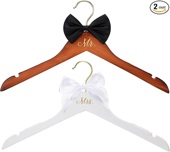 2 Pcs Bride Hanger for Wedding Dress Bride and Groom Wooden Wedding Dress Hanger Set with Bow Tie for Tuxedo Suit Gift Bridal Party Shower