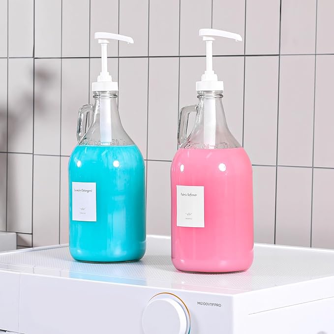 64 OZ Laundry Detergent Dispenser by VEGEVIGI, Glass,Glass Liquid Laundry Soap Dispenser with Pump, Bleach and Fabric Softener Dispenser for Laundry Room, 1P