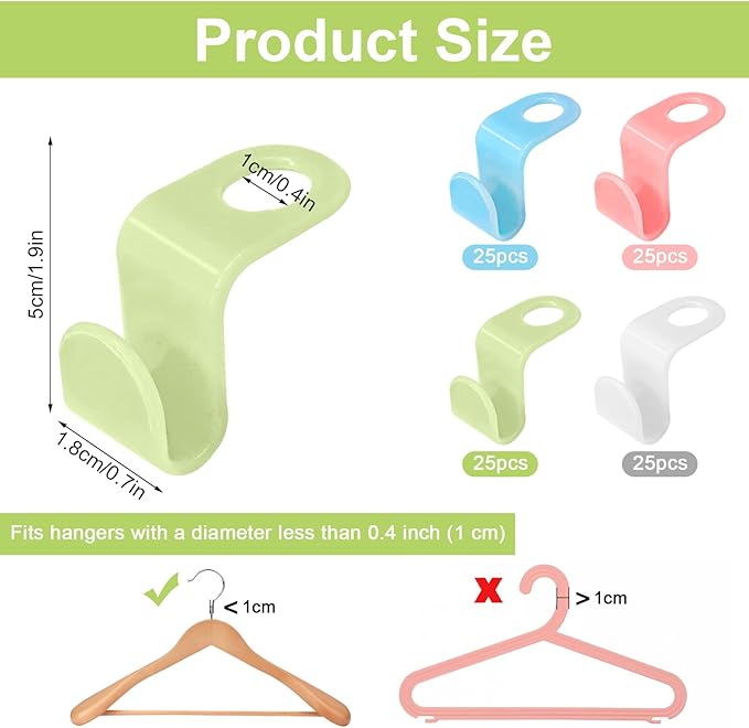 100 PCS Hanger Connector Hooks, Space Saving Cascading Hanger Hooks for Closet Organization, Heavy Duty Plastic Hanger Clips, Blue White Pink Green
