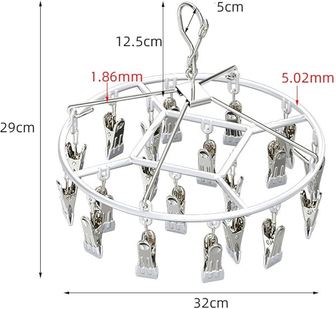 Drying Rack for Sock, Stainless Steel Sock Drying Rack with 24 Clips, Swivel Hook Windproof Hanger for Sock, Bras, Towel, Underwear, Laundry, Hat, Scarf, Pants, Gloves (White)