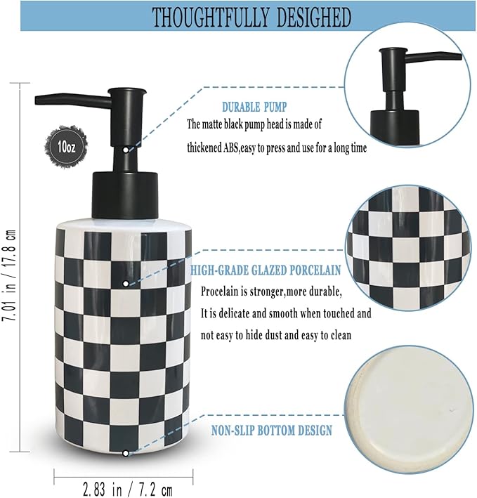 Bathroom Soap Dispenser with Matte Black Pump White Ceramic Soap Dispenser for Kitchen Checkerboard Empty Pump Bottle (Black)