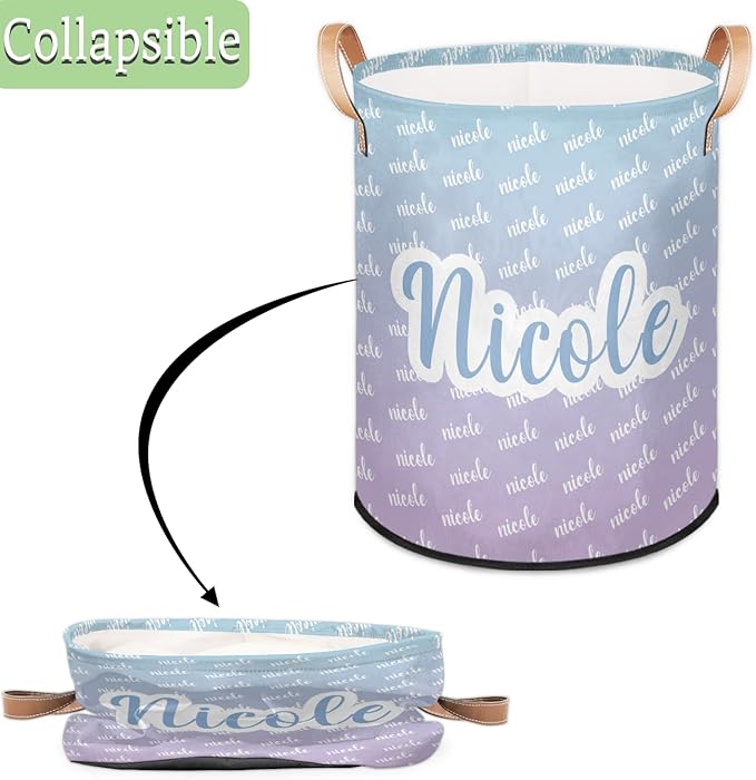 Custom Name Laundry-Hamper, Personalized Kids-Clothes-Hamper Foldable with Name, Customized Storage Basket with Handles Waterproof Gift for Boys Girls Baby Women,Gradient Green Purple