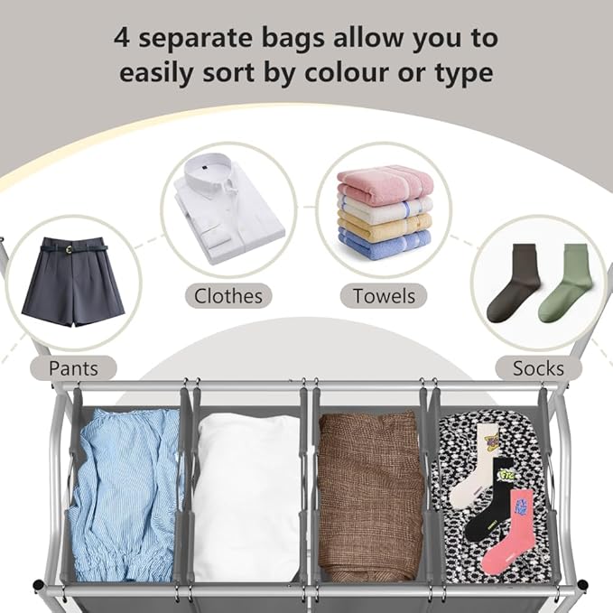 LUCKUP Laundry Sorter 4 Sections with Hanging Bar, 4 Bags Laundry Hamper Rolling Laundry Basket Cart with Lockable Wheels for Laundry Room Bathroom Bedroom, Dark Grey