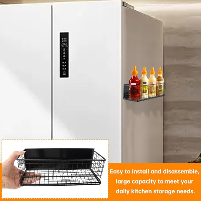 Magnetic Basket Magnetic Fridge Organizer, Magnetic Shelf for Fridge, Magnetic Spice Rack Wire Mesh Magnetic Organizer Holder Accessories(Black,Size:9.8x3.9x3inch)